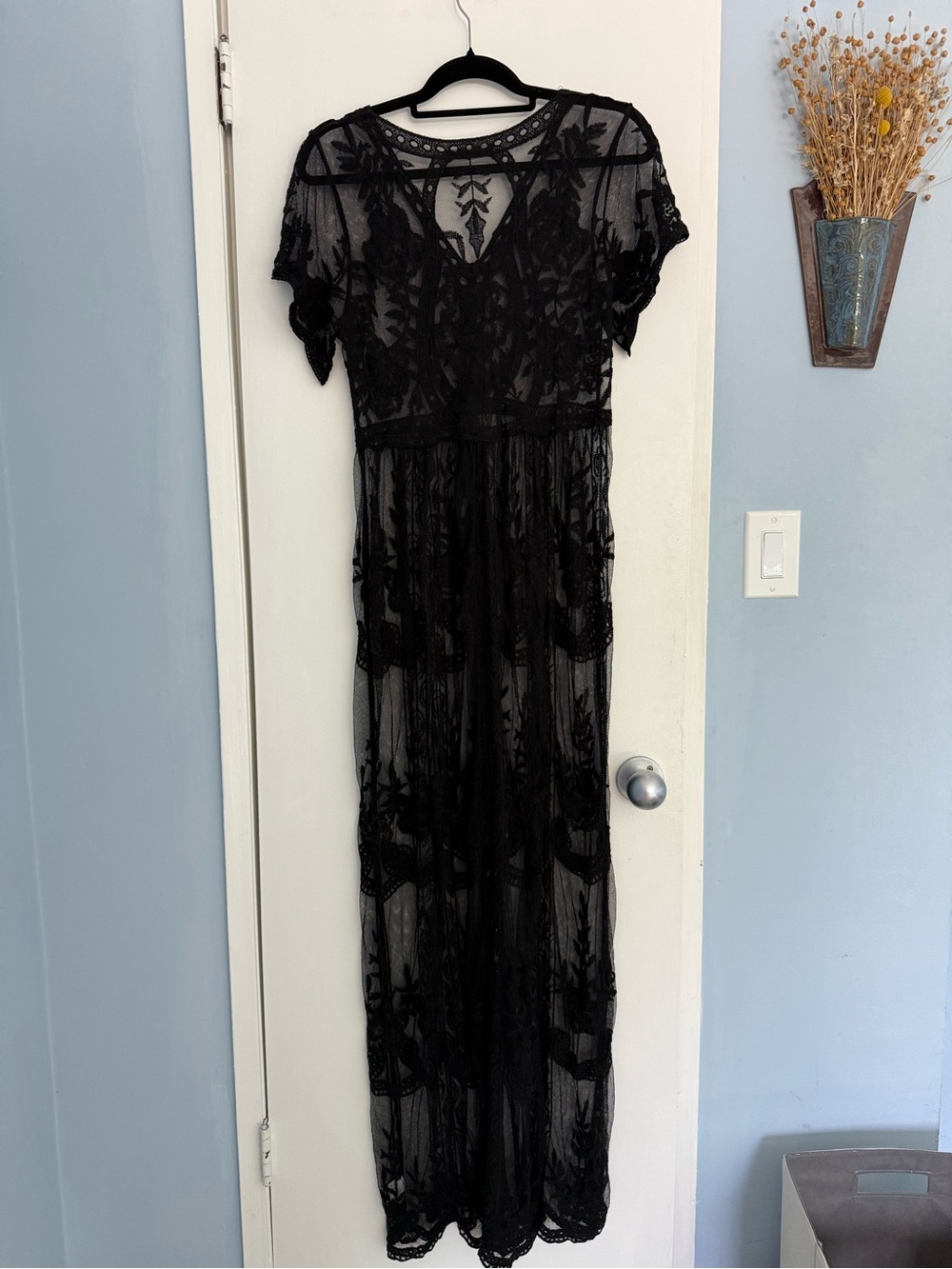 Elegant Black Sheer Embroidered Maxi Dress